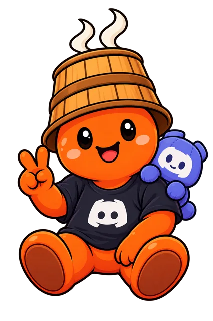 The Sauna mascot relaxing, wearing a wooden sauna bucket as a hat