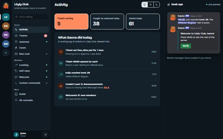 Löyly dashboard, dark theme