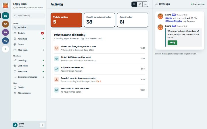 Löyly dashboard, light theme