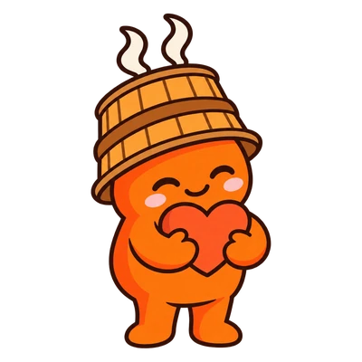 The Sauna mascot hugging a heart