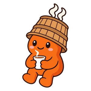 The Sauna mascot sitting on top of the dashboard preview with a cup of tea